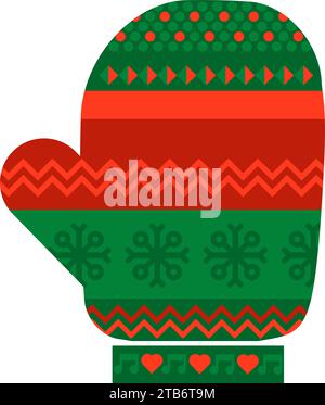 Knitted children mitten with Norwegian national holiday pattern in red and green colors. Knitted mitten in handmade knitted ornate style. Simple flat Stock Vector