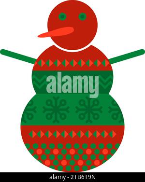 Snowman with Norwegian national holiday pattern in red and green colors. Snow man in handmade knitted ornate style. Simple flat vector isolated on whi Stock Vector