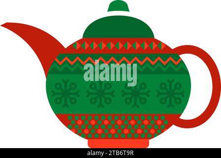 Ceramic teapot with handle with Norwegian national holiday pattern in red and green colors. Ceramic teapot in handmade knitted ornate style. Simple fl Stock Vector