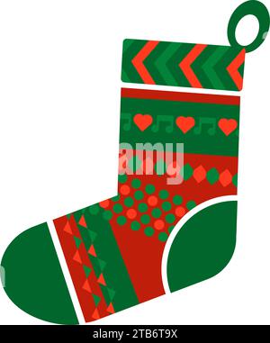 Sock for gifts with Norwegian national holiday pattern in red and green colors. Gift socks in handmade knitted ornate style. Simple flat vector isolat Stock Vector