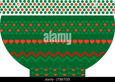 Ceramic pot with hot food with Norwegian national holiday pattern in red and green colors. Pot with hot food in handmade knitted ornate style. Simple Stock Vector