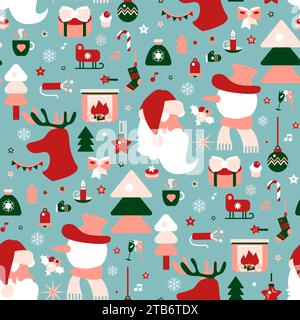 Holiday seamless pattern in red white colors with Xmas tree toys, Santa Claus, snowman, deer, gifts, surprises. Ornate for printing on fabric, wrappin Stock Vector