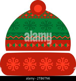 Bubo knitted headwear with Norwegian national holiday pattern in red and green colors. Knitted headgear in handmade knitted ornate style. Simple flat Stock Vector