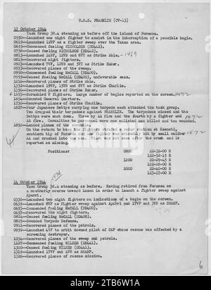 War Diary of USS FRANKLIN (CV-13), October 13, 1944. Stock Photo