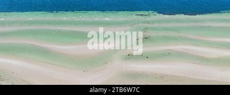 Panoramic aerial view of rows of sand bars and pools of water along the beach at Moonta Bay on the Yorke Peninsula in South Australia Stock Photo