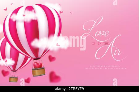 Valentine's love greeting vector design. Love is in the air text with hot air balloons flying in the sky for valentine greeting card background. Stock Vector