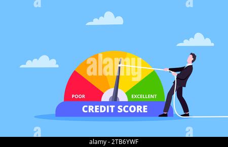 Man pushes credit score arrow gauge speedometer indicator with color levels. Measurement from poor to excellent rating for credit or mortgage loans co Stock Vector