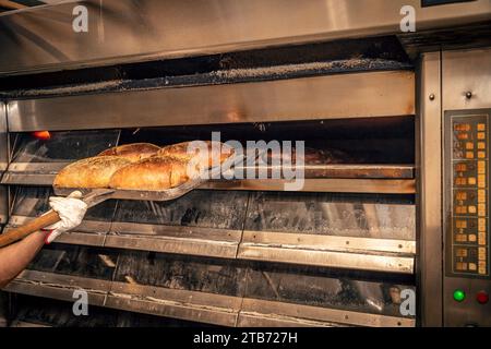 Unrecognizable baker taking loaves out of the oven of the artisan bread factory Stock Photo