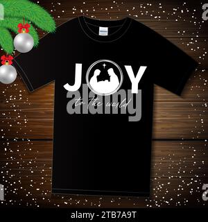 JOY to the world, t shirt with print on wooden board. Nativity typography for social media banner or greeting card. Vector illustration Stock Vector