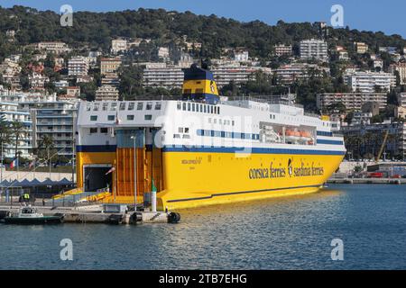 The ferry Mega Express Five (Corsica Sardinia Ferries) in port of Nice, French Riviera, France Stock Photo