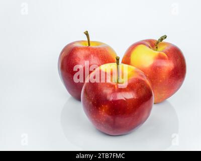 Three red ripe Gala apples isolated on a white background with reflection Stock Photo