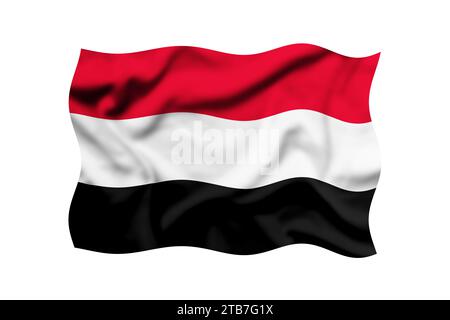 The flag of Yemen is waving on a white background, isolated. 3d rendering. Clipping path included Stock Photo