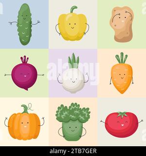 Vector geometric pattern with food cute funny characters. Cartoon trendy vegetables pattern in a checkered background. Flat illustration. Stock Vector