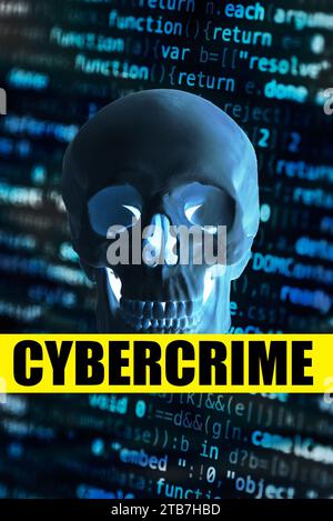 skull and computer code, cybercrime concept Stock Photo