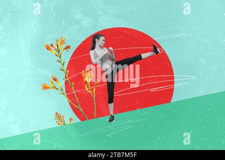 Artwork collage picture of black white colors positive girl leg kick practicing martial arts big flower isolated on creative background Stock Photo