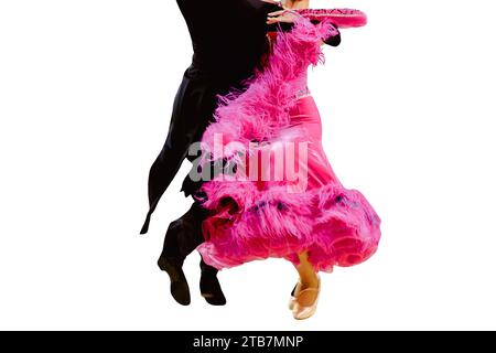 couple dancing foxtrot in ballroom dancesport, woman is wearing pink dress and man black tail suit, isolated on white background Stock Photo