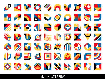 Bauhaus elements of abstract geometric pattern with vector circle, square and triangle, arch and wave shapes. Modern color blocks of abstract collages with minimal shapes, figures and forms Stock Vector