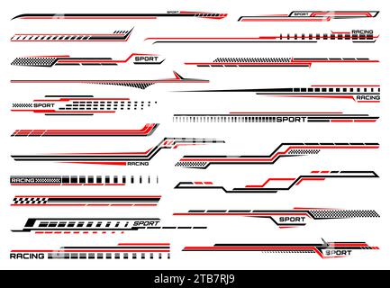 Red race sport car stripe stickers, racing line decals for speed vehicles. Vector race car, auto, motorcycle, bike vinyl stickers and decals set with black red line and racing sport checkered pattern Stock Vector