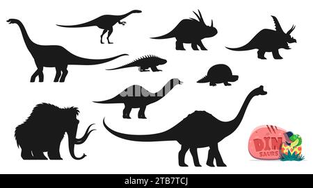 Cartoon dinosaurs dino character silhouettes. Elaphrosaurus, Styracosaurus and Chasmosaurus, Euhelopus, Shansisuchus, Glyptodon and Amargasaurus, Mammoth and Pelorosaurus animal silhouettes Stock Vector