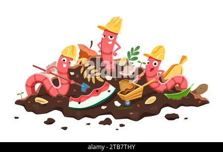 Cartoon earth worm builder characters in compost or soil humus of compostable bio wastes, vector poster. Earthworm in builder hats cleaning organic garbage for farm garden vermicomposting soil Stock Vector