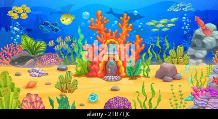 Cartoon reef house, game level underwater landscape with seaweeds and ...