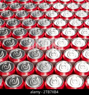 An overhead, close-up view of a neatly organized arrangement of red soda cans, presenting a visually striking pattern formed by their shiny tops and t Stock Photo