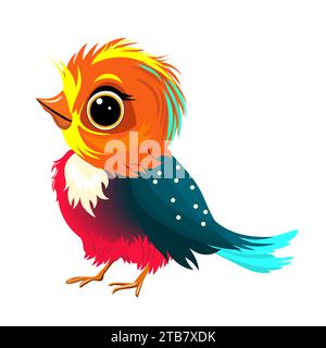 Cartoon little bird, painted with bright colors, with multi-colored plumage, on a white background. Stock Vector