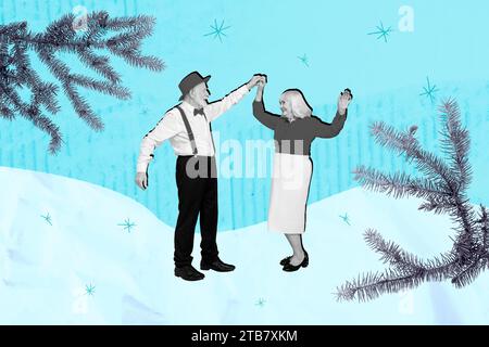 Creative collage of two carefree elegant aged partners hold hands dance snowflakes tree branch isolated on blue background Stock Photo