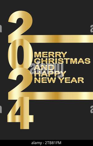 Merry Christmas and Happy New Year 2024. Modern mobile wallpaper with gold text. Vector illustration Stock Vector