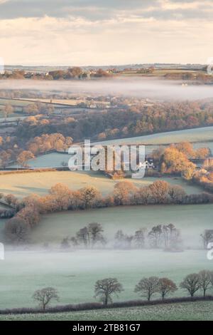 Frost covered countryside at dawn near Chillaton in Devon, England. Winter (December) 2022. Stock Photo
