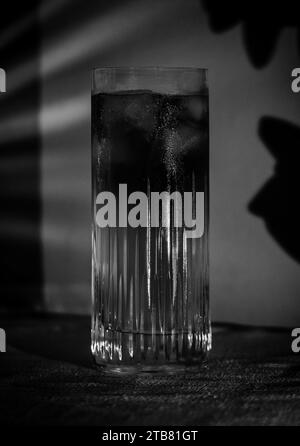 Dark and Stormy highball cocktail in black and white with ice and lemon in high ball glass Stock Photo