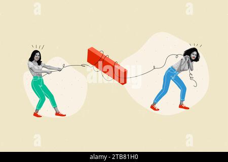 Collage picture of two black white colors girls hardworking arms pull strings tied brick different sides isolated on beige background Stock Photo