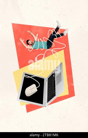 Vertical collage picture of impressed mini guy tied mouse cable wire big laptop isolated on painted creative background Stock Photo