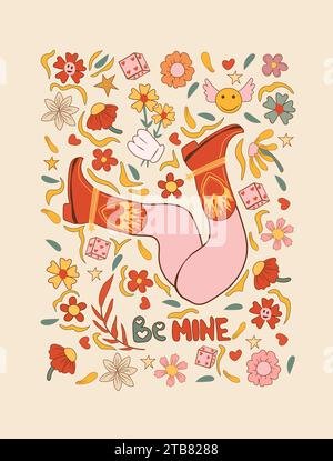 Groovy cowboy boots, daisy,flower perfect for Hippie 60s-70s themed posters. These floral romantic backgrounds come in a trendy,cute retro style,featuring yellow and pink hues.Ideal for greeting card Stock Vector
