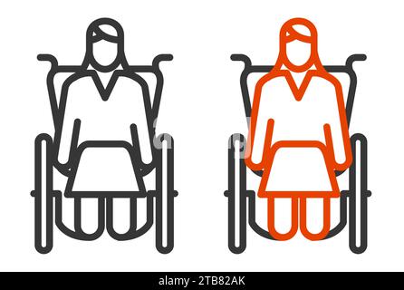 Woman on wheelchair, front view, disabled person simple line icon, vector Stock Vector