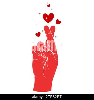 Crossed fingers hand gesture and hearts, Valentine's day hope sign, fake promise and fortune symbol, vector Stock Vector