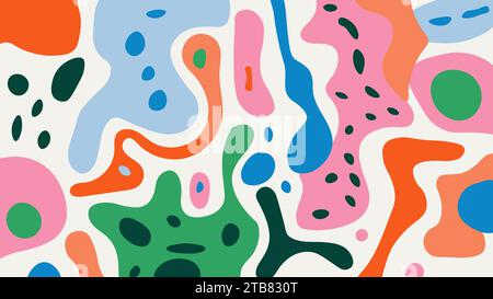 Decorative shapes, blobs and blots doodles flat cartoon pattern on white background. Contemporary art design. Colorful vector illustration Stock Vector