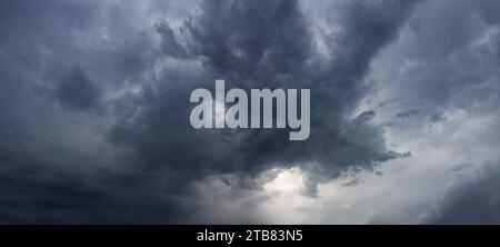 Panorama of dark sky with rainy clouds. Stock Photo