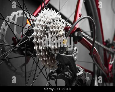 Bicycle transmission and brake system. Low angle view. Modern sport bicycle. Stock Photo