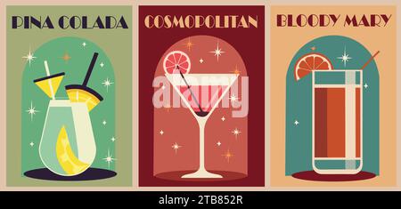 Cocktails Retro Poster set vector art illustration Stock Vector