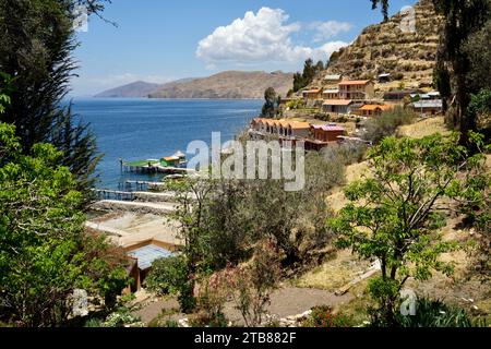 View of the port and lake Titicaca from Jardin del inka. Puerto Sur Isla del Sol, Bolivia. October 9, 2023. Stock Photo