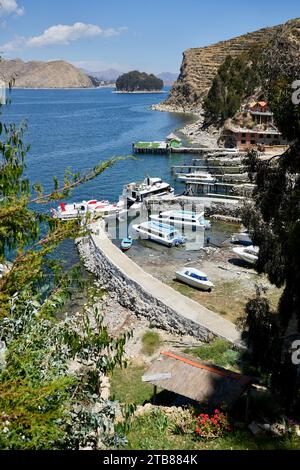 Boats in the Harbour on Lake Titicaca. Puerto Sur Isla del Sol, Bolivia. October 9, 2023. Stock Photo