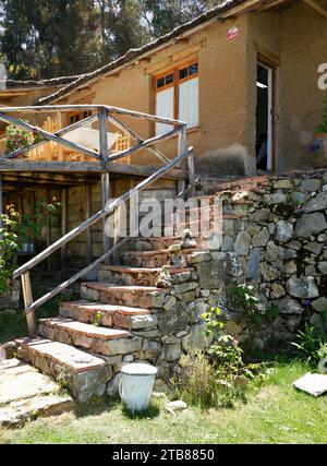 October 9, 2023. Steps up to a rustic building in Yumani. Puerto Sur Isla del Sol, Bolivia. Stock Photo