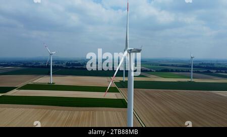 Aerial drone view of RWE wind turbines near Dusseldorf, Germany, May 2023 Stock Photo