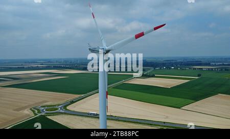 Aerial drone view of RWE wind turbines near Dusseldorf, Germany, May 2023 Stock Photo