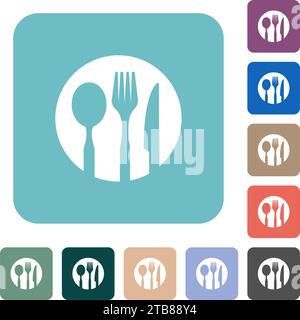 Tableware set solid white flat icons on color rounded square backgrounds Stock Vector