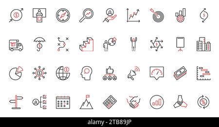 Business process red black thin line icons set, technology of effective work activity, planning. Stock Vector