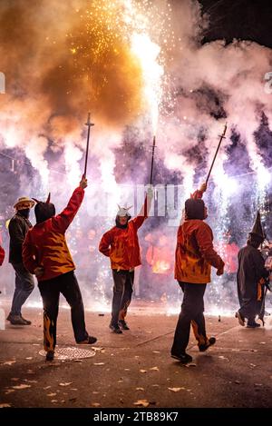 Ceret (south of France): Correfocs (literally in English fire-runs) are among the most striking features present in Valencian and Catalan festivals. M Stock Photo