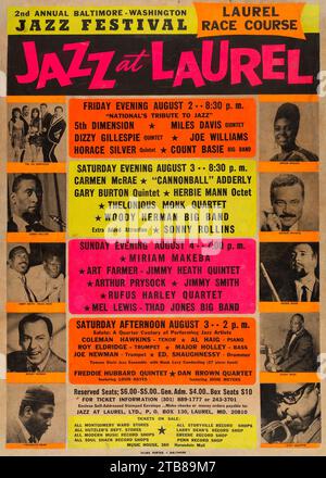 Miles Davis, Dizzy Gillespie, Thelonious Monk, Horace Silver, Joe Williams, Count Basie, Cannonball Adderly, Sonny Rollins - Jazz At Laurel - Jazz Festival - Concert Poster (1968) Stock Photo