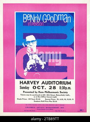 Vintage Jazz poster - Benny Goodman 1973 Bakersfield, Harvey Auditorium - California - Jazz Concert Poster Stock Photo